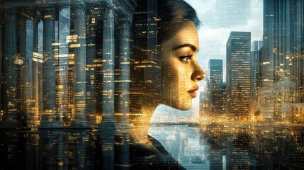 Aufkleber - Serene portrait of a woman's face intertwined with a vibrant cityscape at dusk