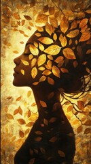 Aufkleber - Portrait of a woman illuminated by autumn leaves in a tranquil setting during golden hour