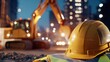 © Tam5 - Construction site at night with yellow hard hat and excavator in the background with bokeh lights