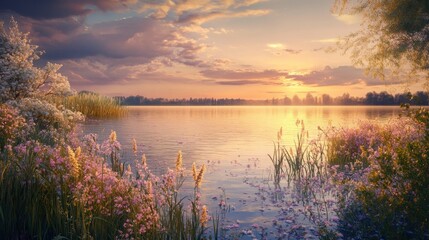 Poster - Spring lakeside view with blooming flowers at sunset in a tranquil natural setting