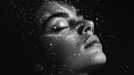 Poster - Mystical representation of a face dissolving into stardust against a dark background