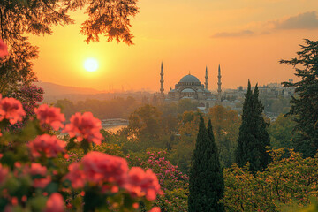 Wall Mural - A Serene Hillside View At Sunset With A Mosque In The Foreground, Providing A Calm Ramadan Background