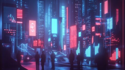 Aufkleber - Futuristic representation of collaboration in a neon-lit urban landscape featuring silhouettes of diverse individuals