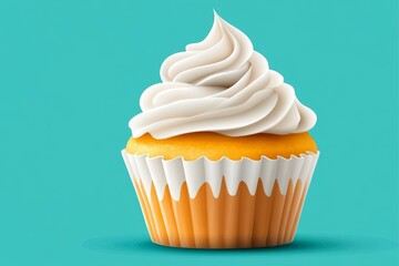 Poster - A flat illustration of a bright yellow cupcake with a swirl of white icing, drawn with clean lines on a solid blue background