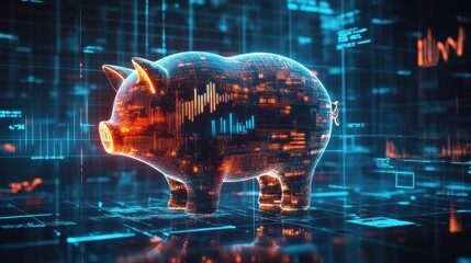Poster - Creative depiction of a futuristic piggy bank illuminated by data visualizations in a technological setting