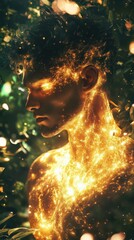 Poster - Glowing man surrounded by ethereal foliage under soft natural light