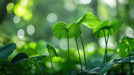 Wall Mural - Vibrant macro photography of Taro plants showcasing lush green leaves with soft bokeh background in natural light setting.