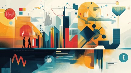 Poster - Modern depiction of a vibrant venture landscape with abstract elements and silhouettes against an urban backdrop