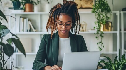 Aufkleber - Professional woman working on a laptop in a modern, plant-filled office during daylight hours