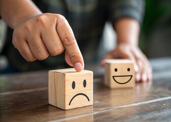 Hand choose happy or sad face icon on wooden cube. Customer service evaluation and feedback concept