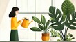 © Biggy - Woman Watering Indoor Plants in Bright Sunlit Room