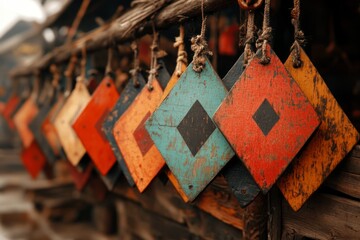 A group of handmade wooden yield signs displayed at an artisan market, each with unique carvings and finishes