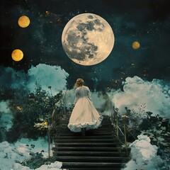 Canvas Print - Dreamlike Journey: A Woman Walks Towards the Moonlit Sky