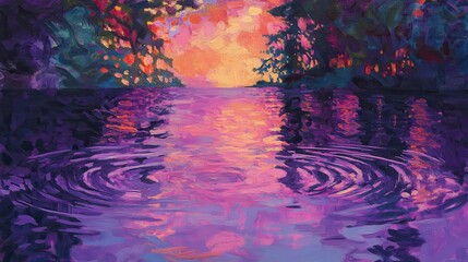Poster - Rippling water reflects vivid purple hues and vibrant sunset colors in tranquil lakeside setting