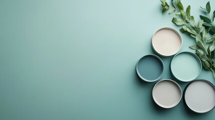 Fototapete - Gradient backdrop with minimalist paint cans and greenery arranged for creative projects in a serene environment