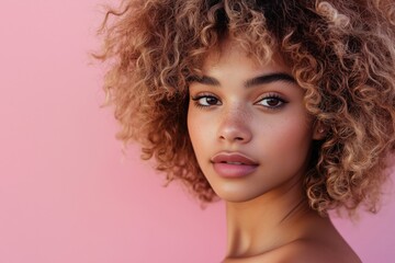 Wall Mural - A young woman with curly hair posing against a pink background.