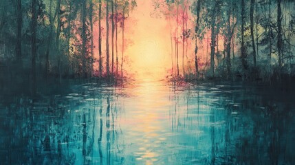 Poster - Ethereal reflections of pink and yellow at twilight illuminate still waters in a serene natural landscape
