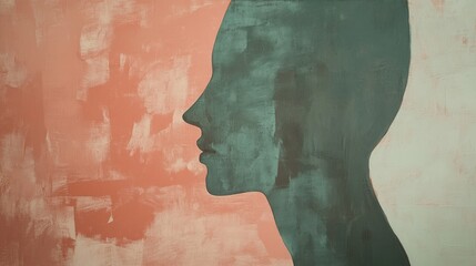 Aufkleber - Abstract silhouette of a face in profile against a textured background featuring soft coral and muted green hues