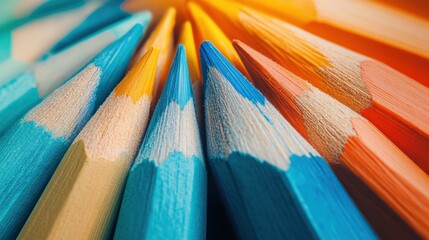 Poster - Colorful gradient of abstract pencil strokes creating a vibrant artistic display with varying shades of blue and orange tones