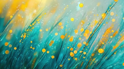 Poster - Vibrant composition of teal hues and bright circles reflecting sunlight in a fluid, artistic arrangement
