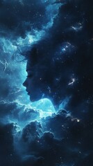 Poster - Surreal portrayal of a woman glowing amidst a cosmic atmosphere with swirling clouds and celestial elements