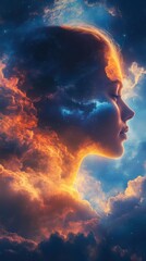 Poster - Mystical profile of a woman surrounded by vibrant clouds at twilight, showcasing a blend of ethereal elements and dreamlike beauty