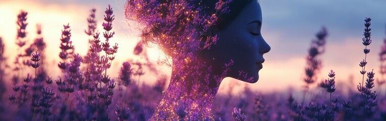 Aufkleber - Mystical representation of a woman surrounded by lavender fields at sunset