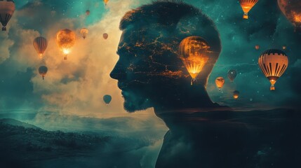 Poster - Mystical profile of a man filled with vibrant imagery and floating hot air balloons in a serene landscape under a colorful sky