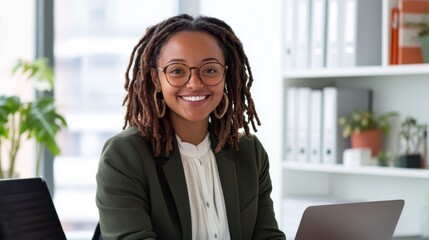 Poster - Confident professional woman smiling while working in a modern office setting during daytime
