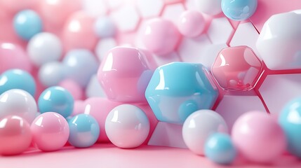 Sticker - 3D render of a colorful pink blue and white hexagon background