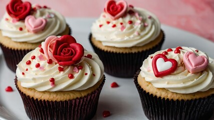 Wall Mural - Decorative cupcakes topped with frosting and sugar hearts for a festive celebration