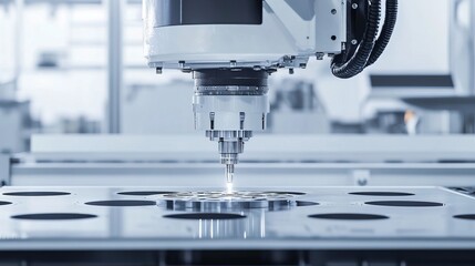 Wall Mural - a robotic system performing high-precision laser cutting of intricate designs in a clean, high-tech 