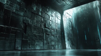 Poster - Mysterious deep charcoal gray brick wall with illuminated opening in an unknown location