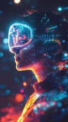 Aufkleber - Conceptual design representation of a modern designer using virtual reality technology in a colorful digital landscape