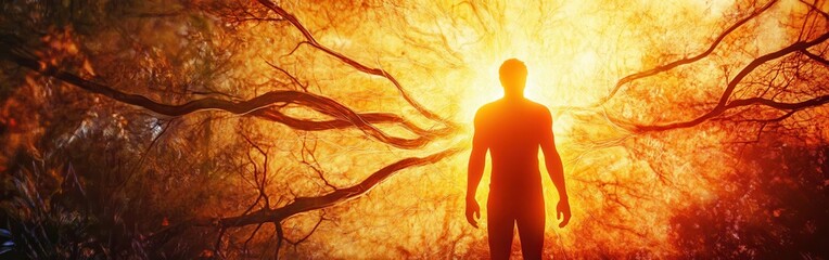 Poster - Man glowing amid dynamic light and organic patterns in a surreal environment