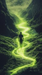 Poster - Man illuminated by glowing green light walking along a winding path through a mystical landscape in a serene natural setting