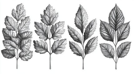 eight handcrafted monochrome illustrations of leaves
