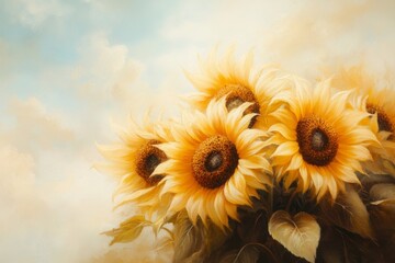 Wall Mural - A sunflower field stretching to the horizon under a bright blue sky, with vibrant yellow blooms swaying in the breeze