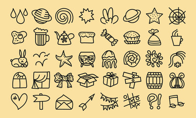 Wall Mural - Forty cute doodles imitating children's drawings. Celestial bodies, food, fauna, household utensils, signs and symbols. Vector set