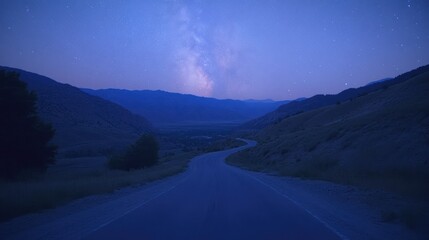 Night road, Milky Way, mountain valley, starscape, travel