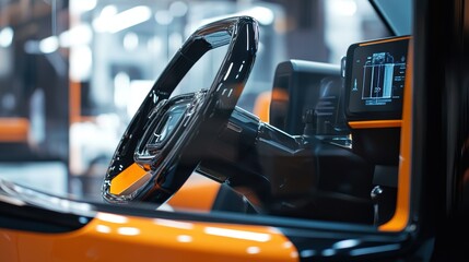Wall Mural - close up of a sleek black steering wheel and digital dashboard displaying vital statistics, highligh