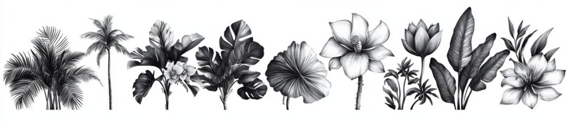 a sketch illustration featuring hand-drawn tropical palm trees and plants, isolated on a white backg