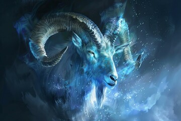 Wall Mural - ibex with large horns emanates a vibrant, mystical blue aura, creating a captivating and ethereal sc