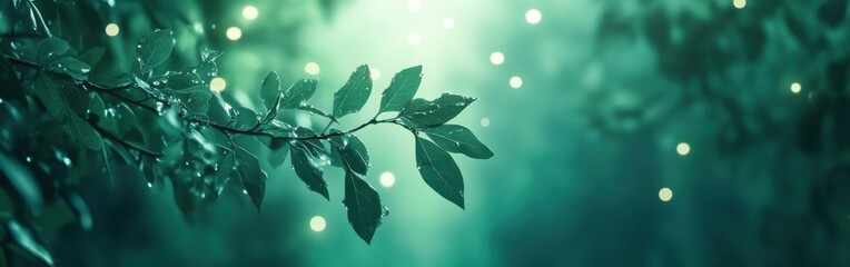 Poster - Lush emerald foliage glistens in soft light creating a tranquil atmosphere of nature's beauty