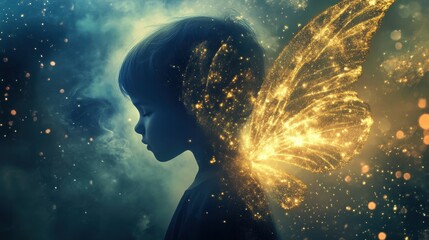 Poster - Charming child with glowing butterfly wings standing in a mystical environment at twilight
