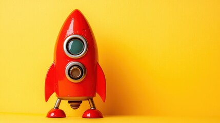 Wall Mural - vibrant red rocket toy on yellow background with copy space for fun and energy concepts