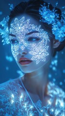 Aufkleber - Model's serene face illuminated with intricate patterns and soft floral elements in a tranquil blue setting during twilight