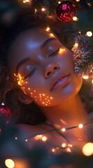 Aufkleber - Portrait of a serene woman surrounded by warm lights and festive decorations during the holiday season, radiating peace and joy
