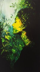 Aufkleber - Serene portrait of a woman with vibrant green foliage enveloping her in a tranquil natural setting