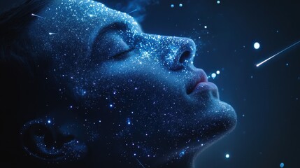 Poster - Mesmerizing celestial portrait of a man gazing into the universe surrounded by stars and cosmic elements at night